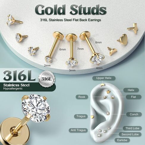 Fansilver 14K Gold Filled Nose Studs for Women 316L Surgical Steel Internal Thread Flat Back Stud earrings CZ Lip Labret Nose Rings Studs Hypoallergenic Lip Monroe Labret Medusa Piercing Jewelry in Saudi Arabia