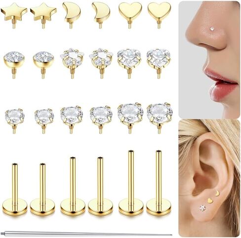 Fansilver 14K Gold Filled Nose Studs for Women 316L Surgical Steel Internal Thread Flat Back Stud earrings CZ Lip Labret Nose Rings Studs Hypoallergenic Lip Monroe Labret Medusa Piercing Jewelry in Saudi Arabia