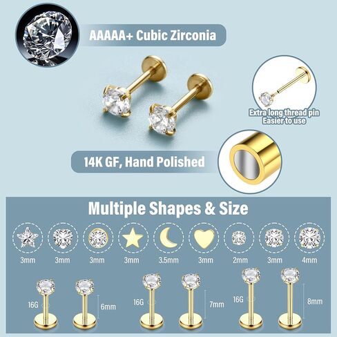 Fansilver 14K Gold Filled Nose Studs for Women 316L Surgical Steel Internal Thread Flat Back Stud earrings CZ Lip Labret Nose Rings Studs Hypoallergenic Lip Monroe Labret Medusa Piercing Jewelry in Saudi Arabia