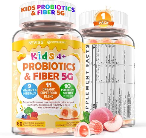 Probiotics for Kids Teen + Veggie & Fruit Fiber Gummies, with 12 Billion CFU Probiotic, Organic Inulin Prebiotics Fiber, Methyl B12 B6 C for Children's Digestive & Gut, Immune Health, Sugar Free,60Cts in Saudi Arabia
