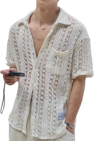 Lace Shirt with Ethnic Pattern Short Sleeve Hollow Out Sheer See Through Casual Button Down Shirts Beige in Saudi Arabia