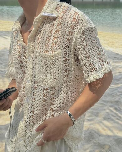 Lace Shirt with Ethnic Pattern Short Sleeve Hollow Out Sheer See Through Casual Button Down Shirts Beige in Saudi Arabia