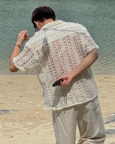 Lace Shirt with Ethnic Pattern Short Sleeve Hollow Out Sheer See Through Casual Button Down Shirts Beige in Saudi Arabia