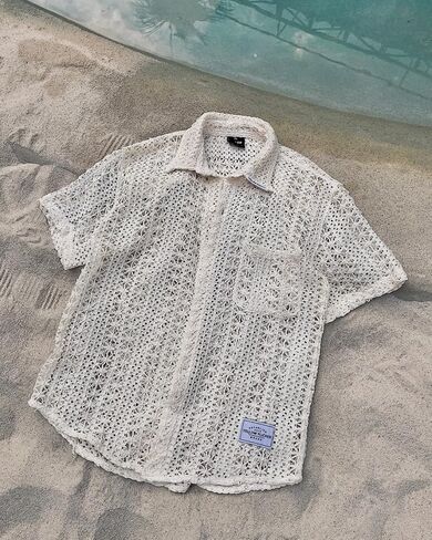 Lace Shirt with Ethnic Pattern Short Sleeve Hollow Out Sheer See Through Casual Button Down Shirts Beige in Saudi Arabia