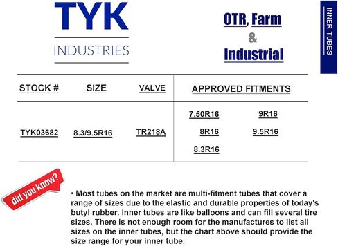8-16 Compact Tractor Tire Inner Tube with a TR218 Valve Stem - Also Fits 7.50-16, 8.3-16, 9-16, 9.5-16 Tires - by TYK Industries in Saudi Arabia