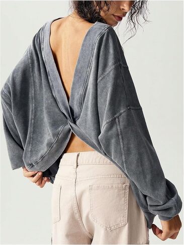 Milumia Women's Cut Out Open Back Long Sleeve Sweatshirt Twist Backless Pullovers in Saudi Arabia