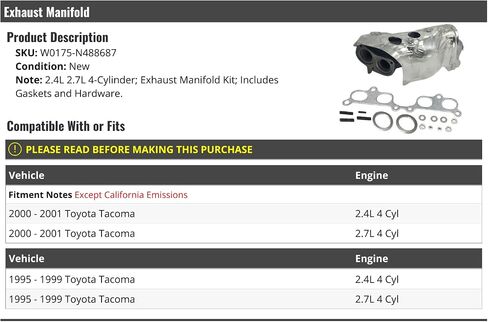 Exhaust Manifold - Compatible with 1995-2001 Toyota Tacoma 2.4L 2.7L 4-Cylinder (Excludes with California Emissions) in Saudi Arabia