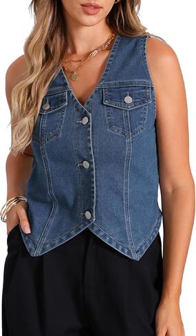 Allegra K Women's Denim Vest Jacket Sleeveless V Neck Button Down Casual Jean with Pockets Top in Saudi Arabia
