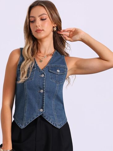 Allegra K Women's Denim Vest Jacket Sleeveless V Neck Button Down Casual Jean with Pockets Top in Saudi Arabia