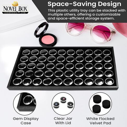 Novel Box Jewelry Display Tray Black Wood 8.25 x 14.75 x 1 Large Jewelry Tray with 50 Gem Jars Insert | Rectangular Display Trays for Collectibles | Rock Collection Tray | Gem Display Tray in Kuwait