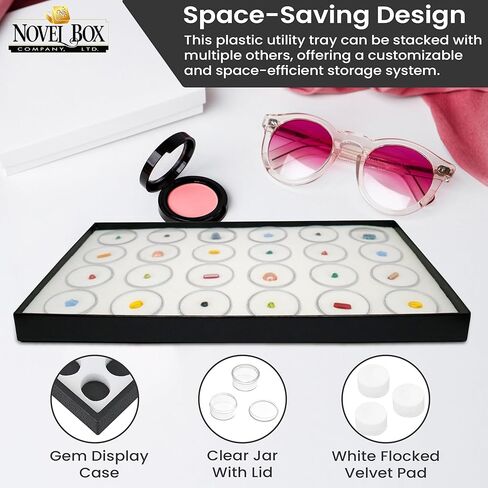 رواية مربع مجوهرات عرض صينية الأسود الخشب 8.25 × 14.75 × 1 صينية مجوهرات كبيرة مع 50 جرار جوهرة إدراج | صواني شاشة مستطيلة للمقتنيات | علبة مجموعة الصخور | صينية عرض الأحجار الكريمة in Kuwait
