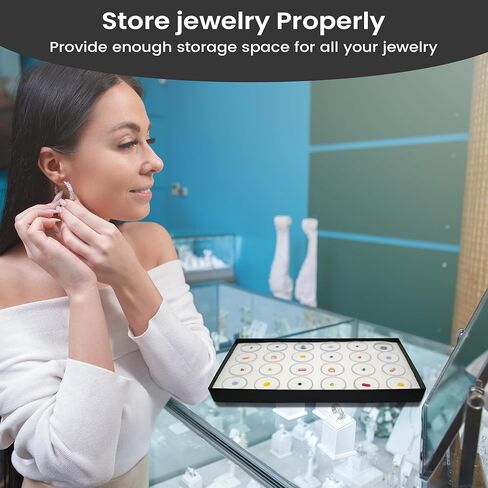 رواية مربع مجوهرات عرض صينية الأسود الخشب 8.25 × 14.75 × 1 صينية مجوهرات كبيرة مع 50 جرار جوهرة إدراج | صواني شاشة مستطيلة للمقتنيات | علبة مجموعة الصخور | صينية عرض الأحجار الكريمة in Kuwait