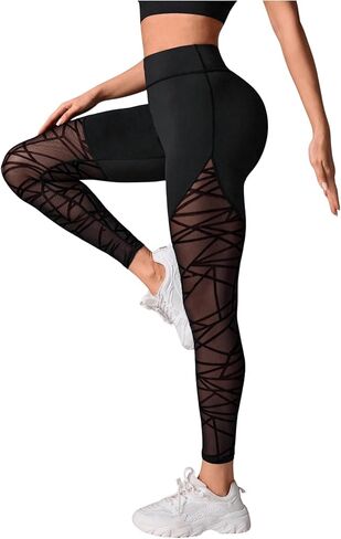 SweatyRocks Women's High Waist Workout Yoga Geometric Mesh Seamless Leggings Pants in Kuwait