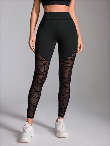 SweatyRocks Women's High Waist Workout Yoga Geometric Mesh Seamless Leggings Pants in Kuwait