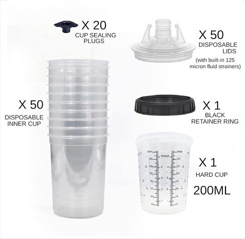 أكواب مسدس رش الطلاء القابلة للتصرف (125 ميكروفون) 50 LIDS 50 LIDS 1 CUP 1 CUP 1 LILLAR-SIZE 100ML-3OZ / 200ML-6OZ / 400ML-13.5OZ / 600ML-22OX / 800ML-28 OUS in Kuwait