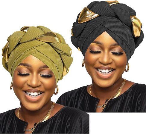 African Women Turban 2 Pcs Twisted Head Wraps for Black Women Pre-Tied Braid Cap Headwear Beanie Hats Hair Cover Headscarf in Saudi Arabia