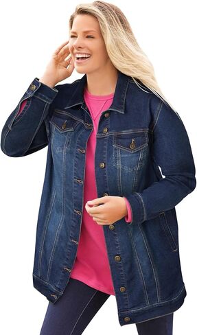 Woman Within Plus Size Long Stretch Denim Jacket Oversized Jean Jacket in Saudi Arabia