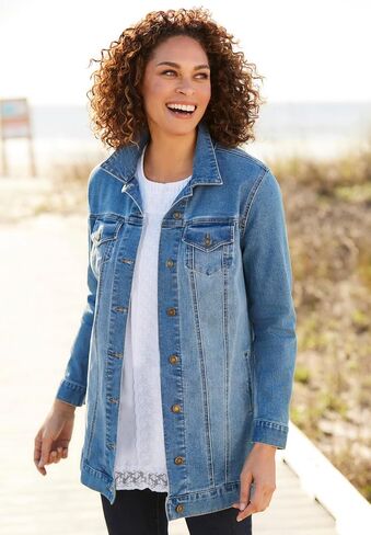 Woman Within Plus Size Long Stretch Denim Jacket Oversized Jean Jacket in Saudi Arabia