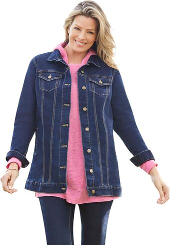 Woman Within Plus Size Long Stretch Denim Jacket Oversized Jean Jacket in Saudi Arabia