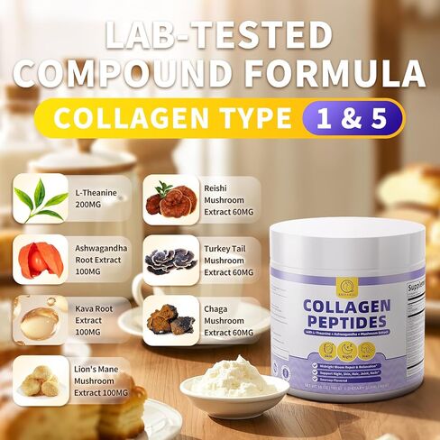 ببتيدات الكولاجين* مسحوق للنساء ، وإصلاح الليل ، ودعم الجلد ، والشعر ، والأظافر ، والمكملات الكولاجين البحرية مع النوع الأول من النوع الأول ، وتيسانين ، وآشواغاندا ، والفطر ، ونكهة الحامض ، 450 جرام/16 أوقية in Kuwait