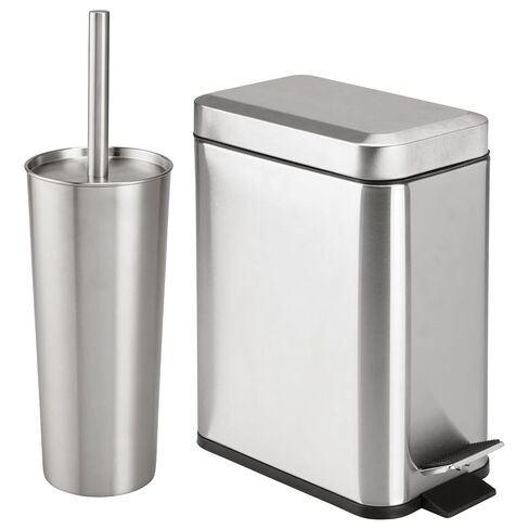 mDesign Metal Freestanding Slim Toilet Bowl Brush and Holder + Rectangle Narrow 5 Liter / 1.3 Gallon Step Pedal Trash Can Wastebasket for Bathroom - Small, Compact Design - Set of 2 - Brushed/Chrome in Kuwait