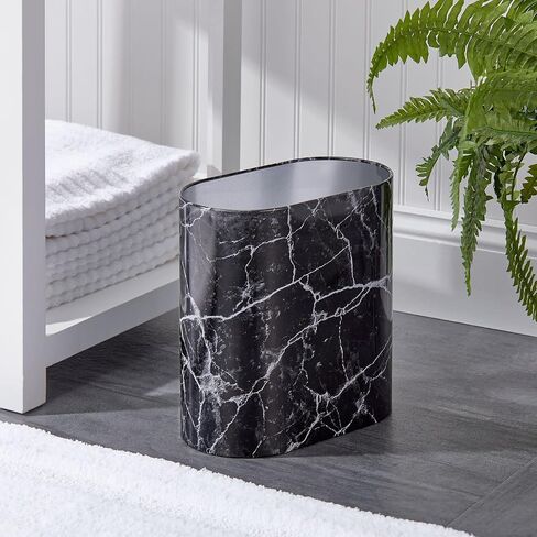 mDesign Metal Freestanding Slim Toilet Bowl Brush and Holder + Rectangle Narrow 5 Liter / 1.3 Gallon Step Pedal Trash Can Wastebasket for Bathroom - Small, Compact Design - Set of 2 - Brushed/Chrome in Kuwait