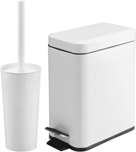 mDesign Metal Freestanding Slim Toilet Bowl Brush and Holder + Rectangle Narrow 5 Liter / 1.3 Gallon Step Pedal Trash Can Wastebasket for Bathroom - Small, Compact Design - Set of 2 - Brushed/Chrome in Saudi Arabia