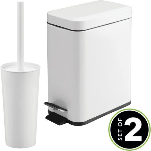 mDesign Metal Freestanding Slim Toilet Bowl Brush and Holder + Rectangle Narrow 5 Liter / 1.3 Gallon Step Pedal Trash Can Wastebasket for Bathroom - Small, Compact Design - Set of 2 - Brushed/Chrome in Saudi Arabia