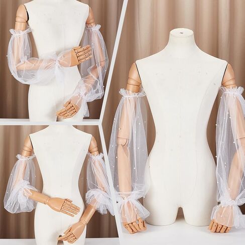 الأكمام الزفاف Ahandmake Pearl ، نايلون قابلة للإزالة شبكية نفخة ، أكمام الذراع لفساتين الزفاف سترة حفلة موسيقية حفلة موسيقية in Saudi Arabia