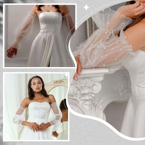 الأكمام الزفاف Ahandmake Pearl ، نايلون قابلة للإزالة شبكية نفخة ، أكمام الذراع لفساتين الزفاف سترة حفلة موسيقية حفلة موسيقية in Saudi Arabia