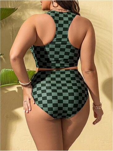 Verdusa Women's Plus Size Plaid Checkered Bikini Set Cut Out Bow Tie High Waisted Swimsuits in Saudi Arabia