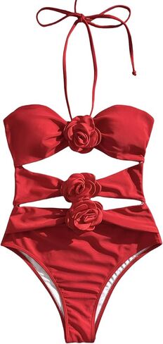 Women's One Piece Halter Top with Flower Decoration Bikini Sexy Bathing Swimsuits in Saudi Arabia