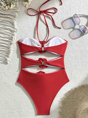 Women's One Piece Halter Top with Flower Decoration Bikini Sexy Bathing Swimsuits in Saudi Arabia