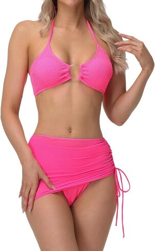 Women's 3 Piece Bathing Suits Textured Bathing Suit Halter Ring Bikini Set with Cover Up Skirts in Saudi Arabia