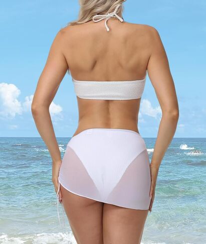 Women's 3 Piece Bathing Suits Textured Bathing Suit Halter Ring Bikini Set with Cover Up Skirts in Saudi Arabia
