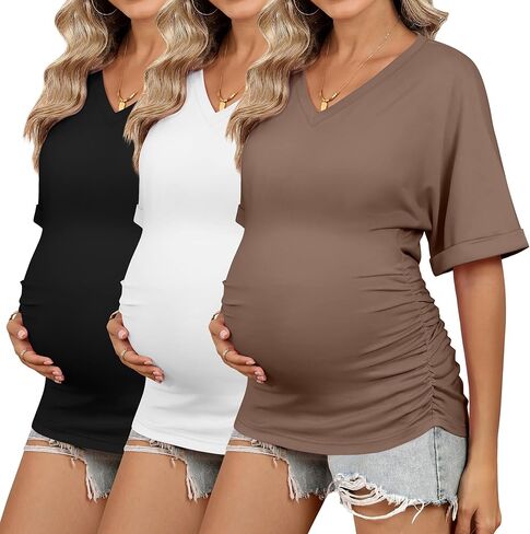 Ficerd 3 Pack Women's Maternity Shirts V Neck Half Sleeve Tops Tunic Cotton Side Ruched Pregnancy Clothes Casual Tee Blouse in Kuwait