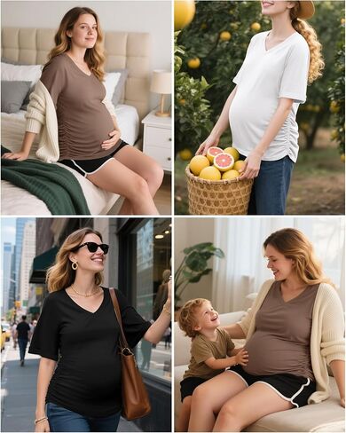 Ficerd 3 Pack Women's Maternity Shirts V Neck Half Sleeve Tops Tunic Cotton Side Ruched Pregnancy Clothes Casual Tee Blouse in Kuwait
