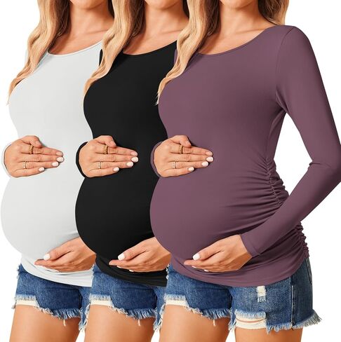 Ekouaer Womens Maternity Shirts Long Sleeve 3 Packs Pregnancy Tee Top Tunic Blouse Casual Mama Clothes S-XXL in Saudi Arabia