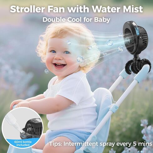 COMLIFE Misting Baby Stroller Fan, 270° & 360° Pivoting Portable Fan, Battery Operated USB Fan, Handheld Misting Fan, with Flexible Tripod Clip on Car Seat Crib Bike Treadmill Bunk Bed in Kuwait