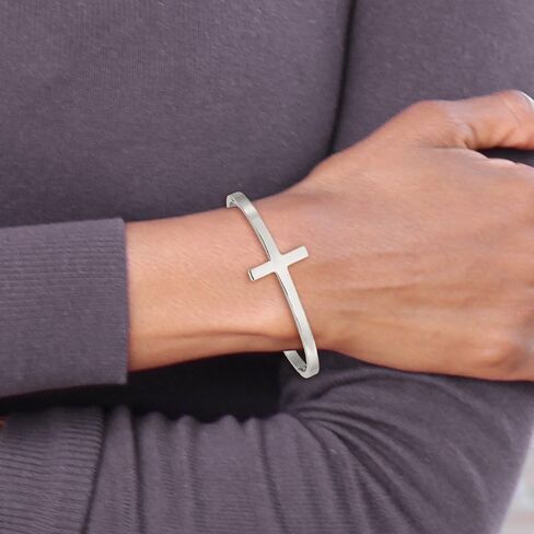 Stainless Steel Polished Sideways Cross Hinged Bangle Bracelet 6.75" in Saudi Arabia