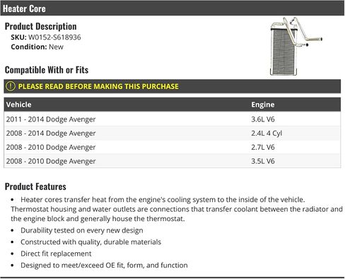 Heater Core-متوافق مع 2008-2014 Dodge Avenger W0152-S618936 0 in Saudi Arabia