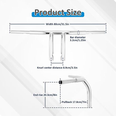 Wsays 8" Rise T-Bar Handlebars Drag Bar 1 1/4 inch Diameter Compatible with Harley Sportster 883 1200 XL Dyna Softail Touring Road King 1996-2024, Chrome in Saudi Arabia