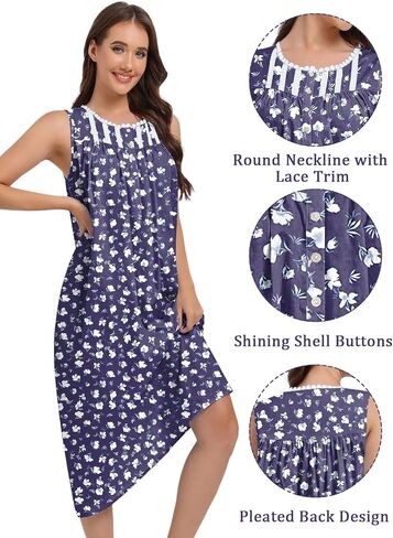 Fmirreo Cotton Lightgowns للنساء بلا أكمام ثوب ليلة ثوب ناعم لباس Long Nightdress in Kuwait