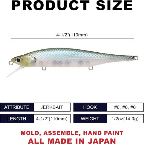 LUCKY CRAFT Lightning Pointer 110SP, Jerkbait side by side Action Tournament Winning Perfect Wobbling Freshwater Lake Bass Fishing Champion Bait (270 MS American Shad) in Saudi Arabia