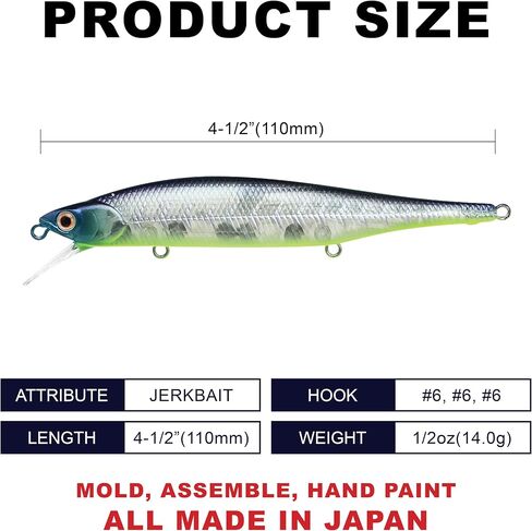 LUCKY CRAFT Lightning Pointer 110SP, Jerkbait side by side Action Tournament Winning Perfect Wobbling Freshwater Lake Bass Fishing Champion Bait (270 MS American Shad) in Saudi Arabia