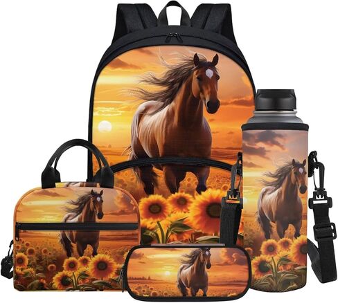 4pcs Backpack Set for Kids, Sunset Horse Sunflowers Print Teenage Students Bookbag with Lunch Bag & Pen Pouch & Water Bottle Cover for School Sport Travel in Kuwait