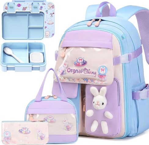حقيبة الظهر الفتيات مع مجموعة Bento Lunch Box ، حقيبة الظهر Kawaii Bunny School للفتيات مع حاويات الغداء المقاومة لتسرب حقيبة قلم رصاص حقيبة الغداء لمدرسة مرحلة ما قبل المدرسة الابتدائية. in Kuwait