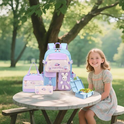 حقيبة الظهر الفتيات مع مجموعة Bento Lunch Box ، حقيبة الظهر Kawaii Bunny School للفتيات مع حاويات الغداء المقاومة لتسرب حقيبة قلم رصاص حقيبة الغداء لمدرسة مرحلة ما قبل المدرسة الابتدائية. in Kuwait