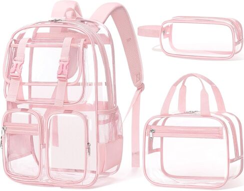Fimibuke Clear Backpack for Girls - 3 PCS Heavy Duty Kids Clear Bags Schoolbag Large Transparent PVC Bookbag with Lunch Box Pencil Case Set for Travel School Concert Stadium Events Backpacks in Kuwait