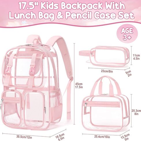 Fimibuke Clear Backpack for Girls - 3 PCS Heavy Duty Kids Clear Bags Schoolbag Large Transparent PVC Bookbag with Lunch Box Pencil Case Set for Travel School Concert Stadium Events Backpacks in Kuwait